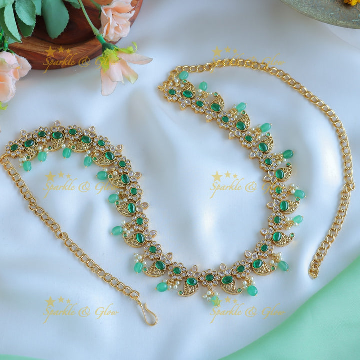 Elegant Floral Mango Hipchain with AD stones and green beads-Green