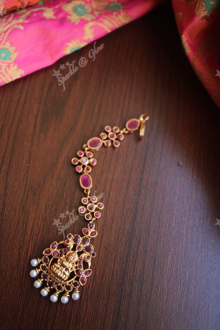 Antique Lakshmi SIngle line Maang Tikka - Multi - Sparkle and Glow - Pink - 