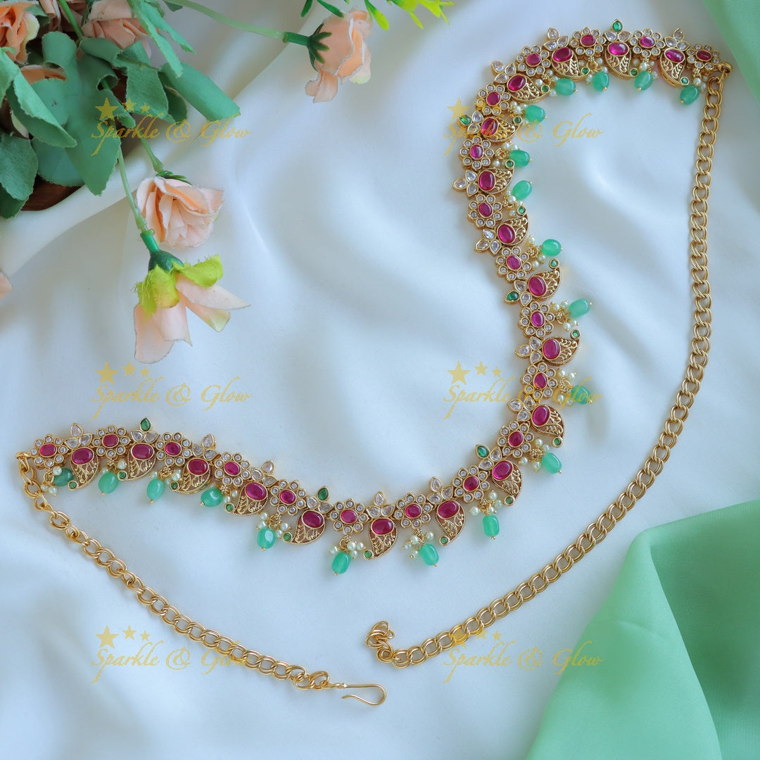 Elegant Floral Mango Hipchain with AD stones and green beads-Green