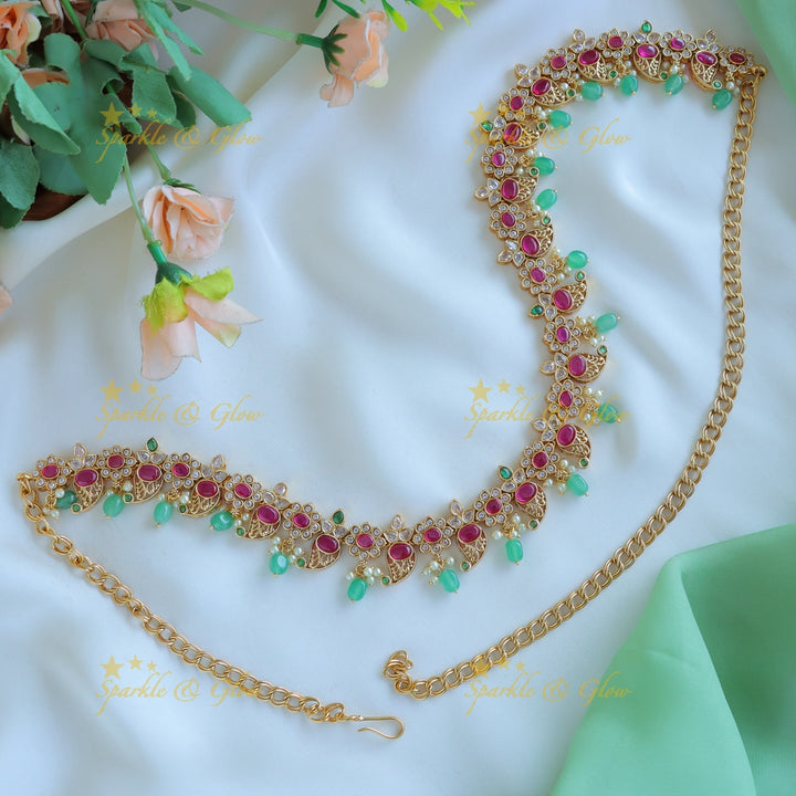 Elegant Floral Mango Hipchain with AD stones and green beads-Green