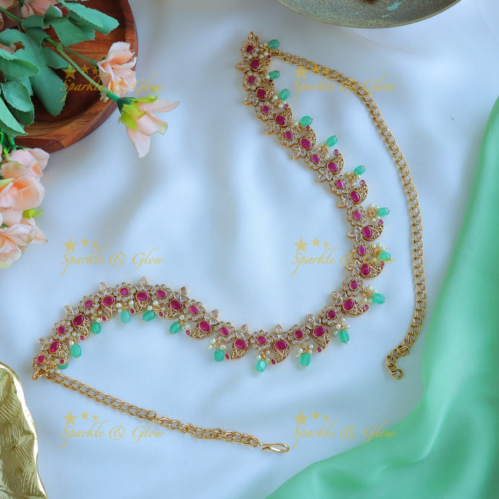 Elegant Floral Mango Hipchain with AD stones and green beads-Green