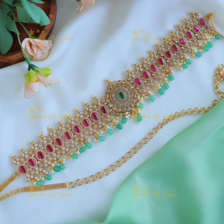 Grand Flower design Hipchain with CZ stones and green beads-Rubygreen