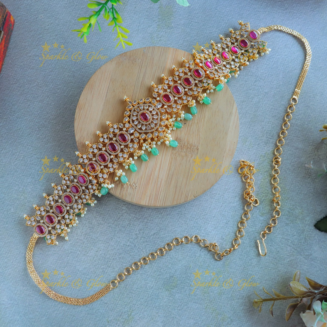 Grand Flower design Hipchain with CZ stones and green beads-Rubygreen