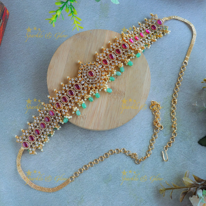 Grand Flower design Hipchain with CZ stones and green beads-Rubygreen