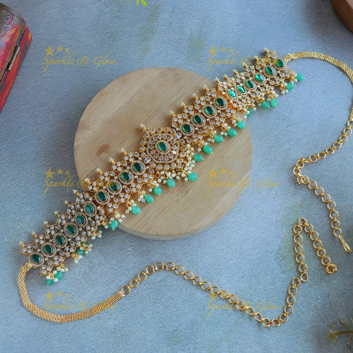 Grand Flower design Hipchain with CZ stones and green beads-Rubygreen