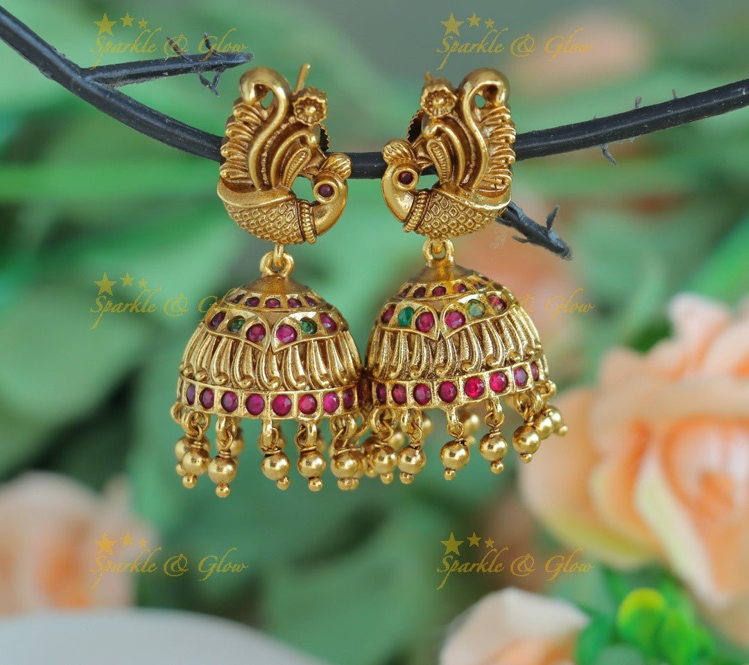 Elegant Dancing Peacock studded Jhumka with gold beads - Sparkle and Glow - 