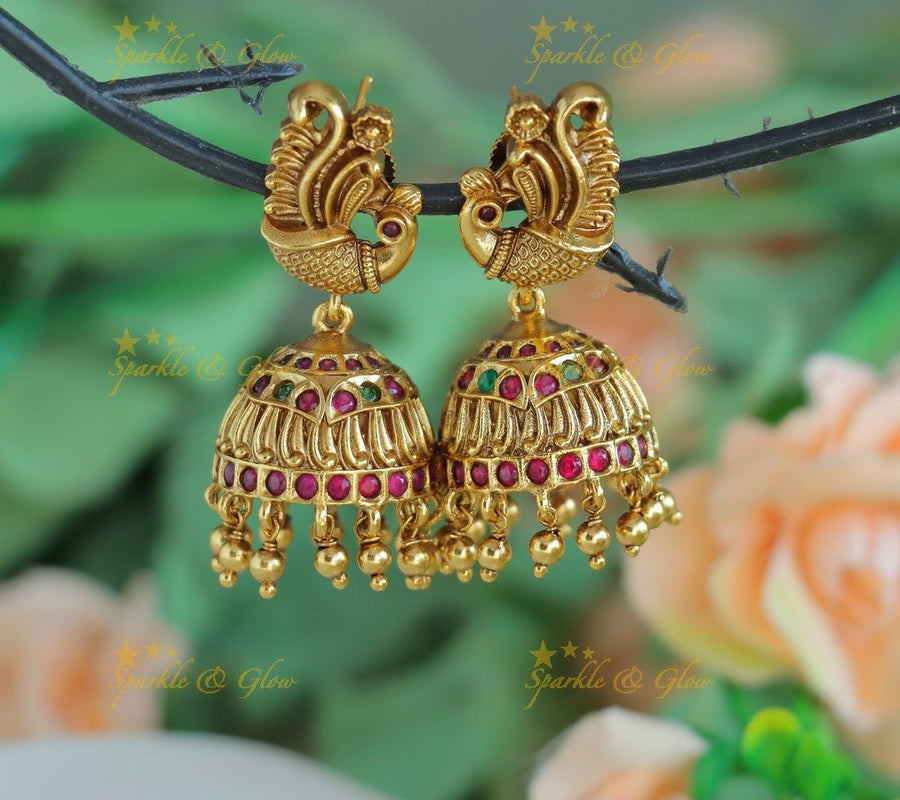 Elegant Dancing Peacock studded Jhumka with gold beads - Sparkle and Glow - 