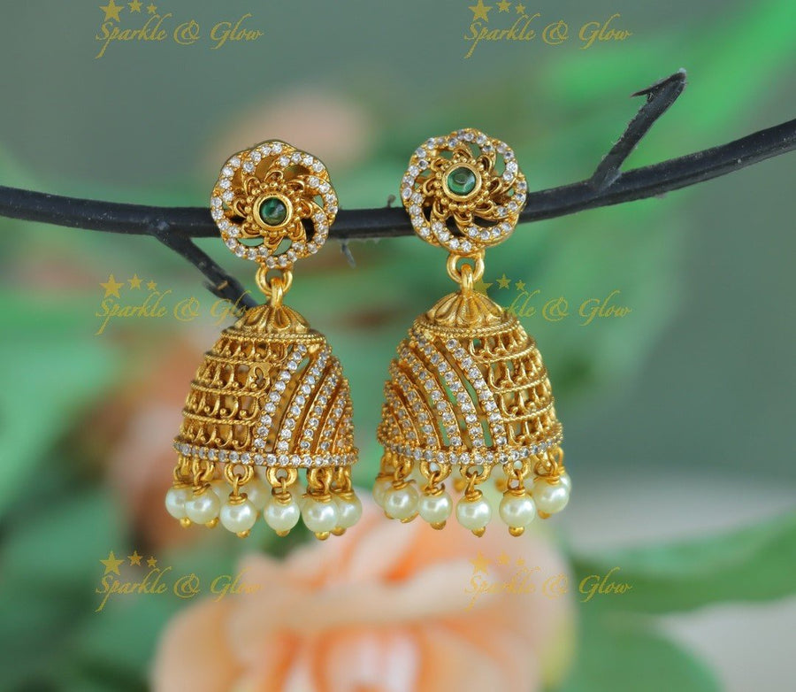 Elegant cz floral design Jhumka with pearl beads - Sparkle and Glow - 