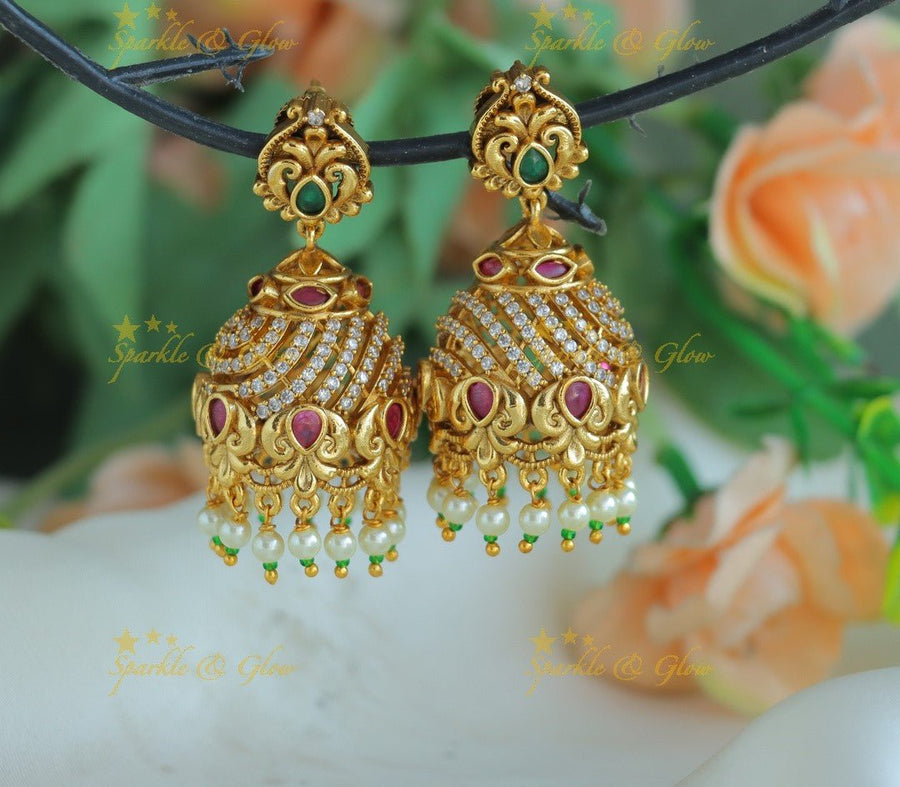 Sparkling cz kemp Floral Jhumka with pearl beads - Sparkle and Glow - 