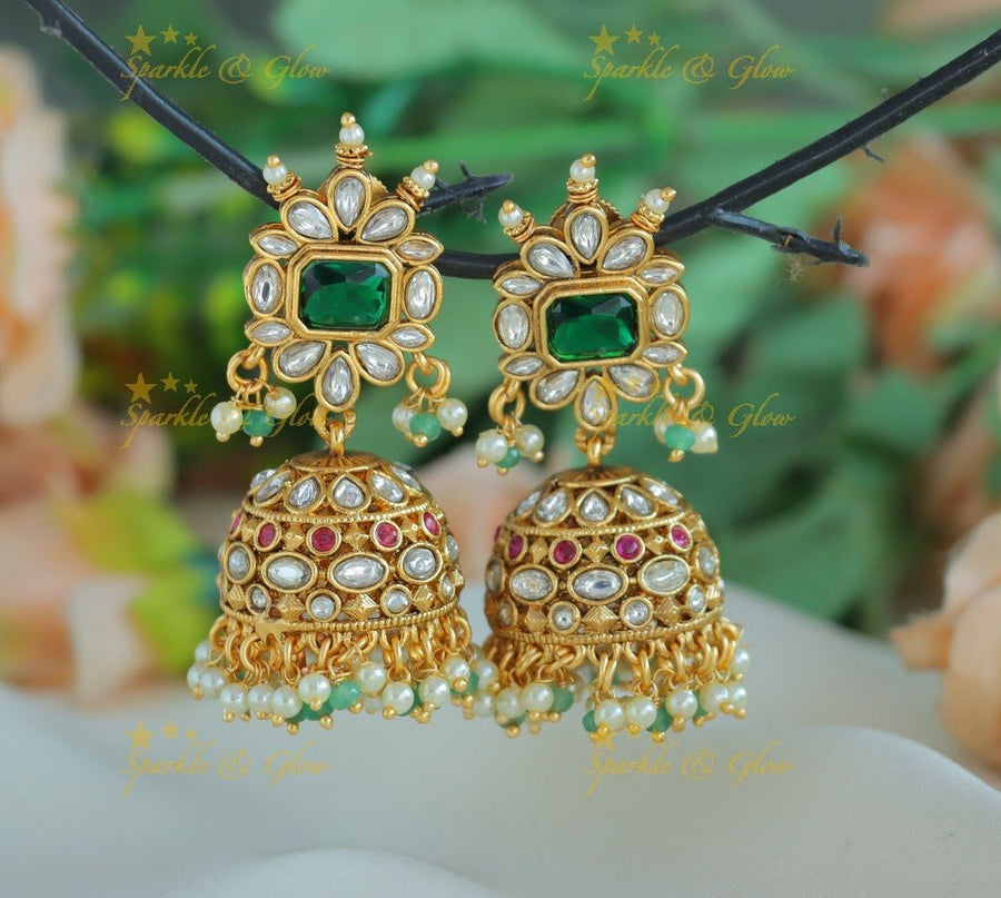 Gracious Kemp Floral Jhumka with pearls and mintgreen beads - Sparkle and Glow - 
