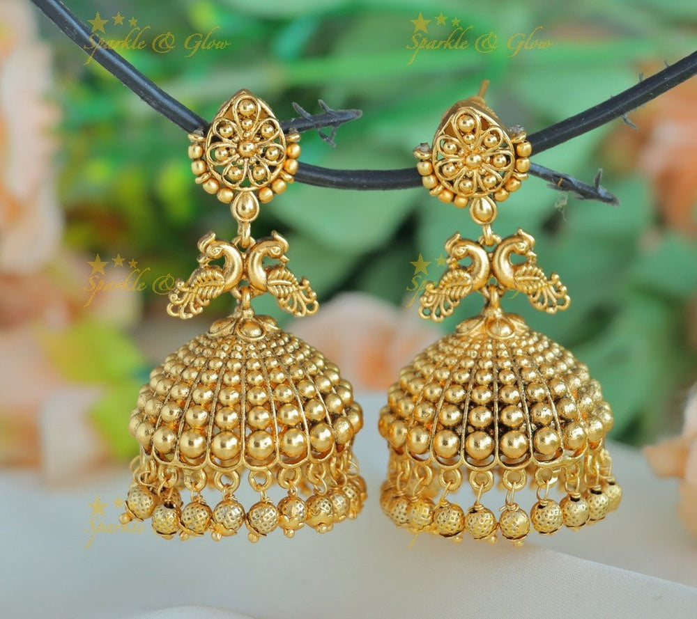 Gracious Dual tone Floral design Jhumka with gold beads - Sparkle and Glow - Gold - 