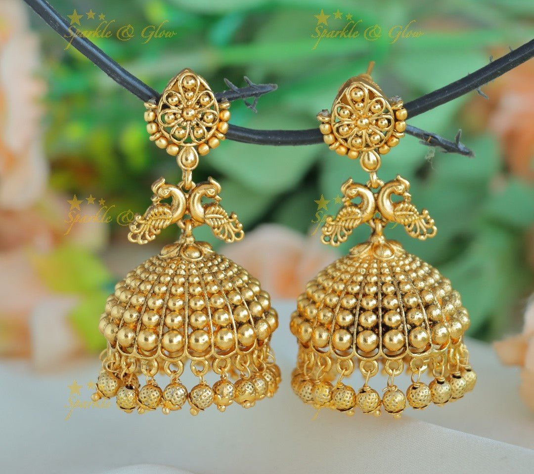 Gracious Dual tone Floral design Jhumka with gold beads - Sparkle and Glow - Gold - 