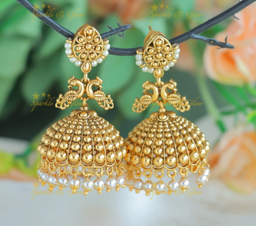 Gracious Dual tone Floral design Jhumka with gold beads - Sparkle and Glow - Pearl - 