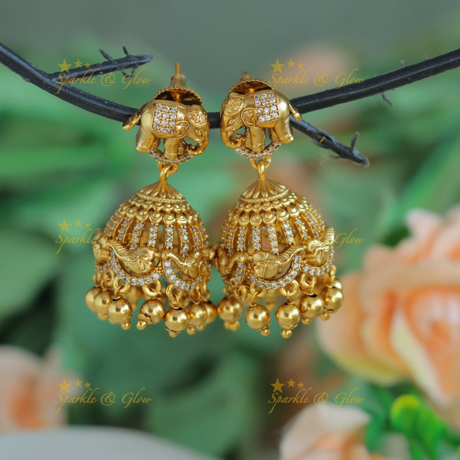 Elegant Elephant studded Jhumka with Gold beads - Sparkle and Glow - 