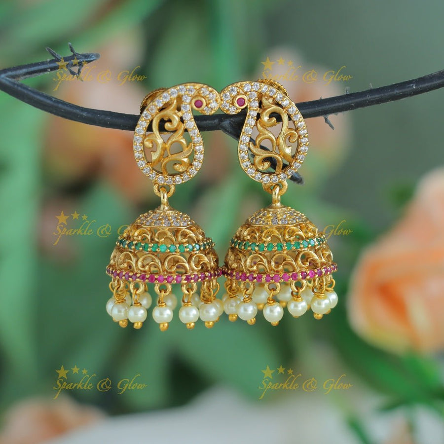 Gracious cz stone Mango Leaf design Jhumka with pearl beads - Sparkle and Glow - 