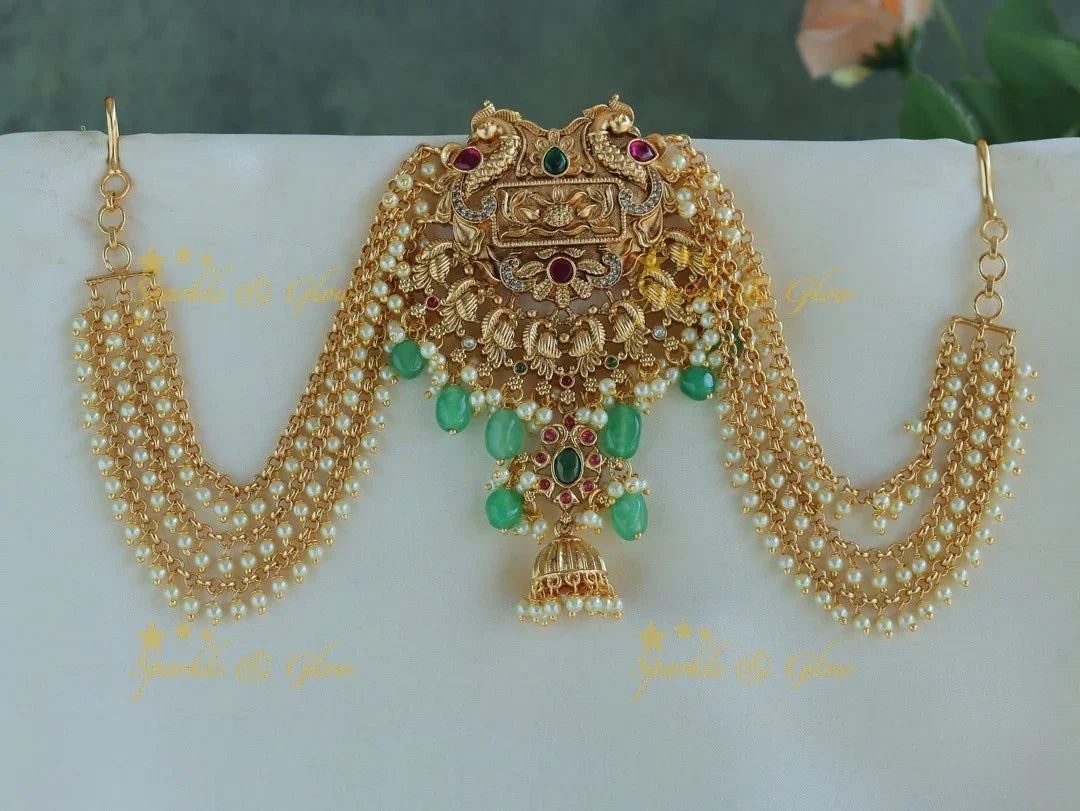 Gracious Dual tone Peacock Floral Jadabilla with Pearl Maatil - Sparkle and Glow
