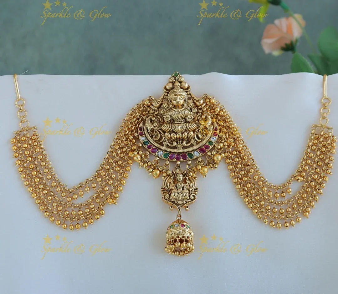 Gracious Idol Lakshmi Peacock carved jadabilla with gold maatil - Sparkle and Glow
