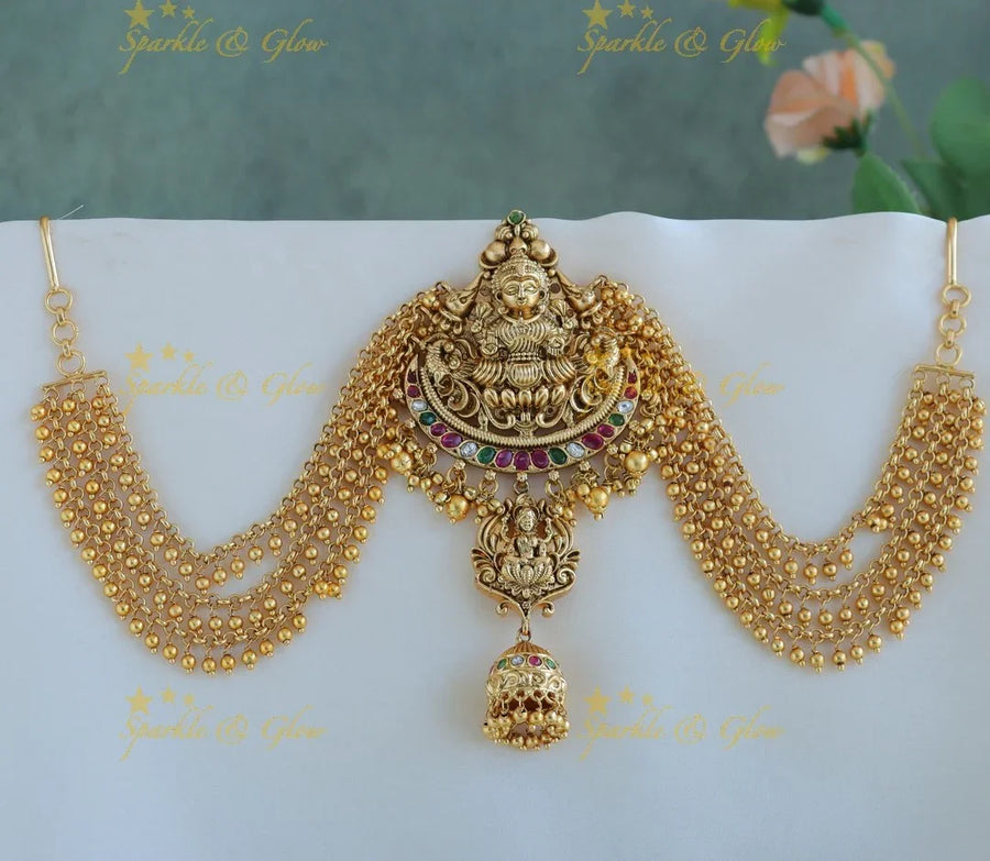 Gracious Idol Lakshmi Peacock carved jadabilla with gold maatil - Sparkle and Glow