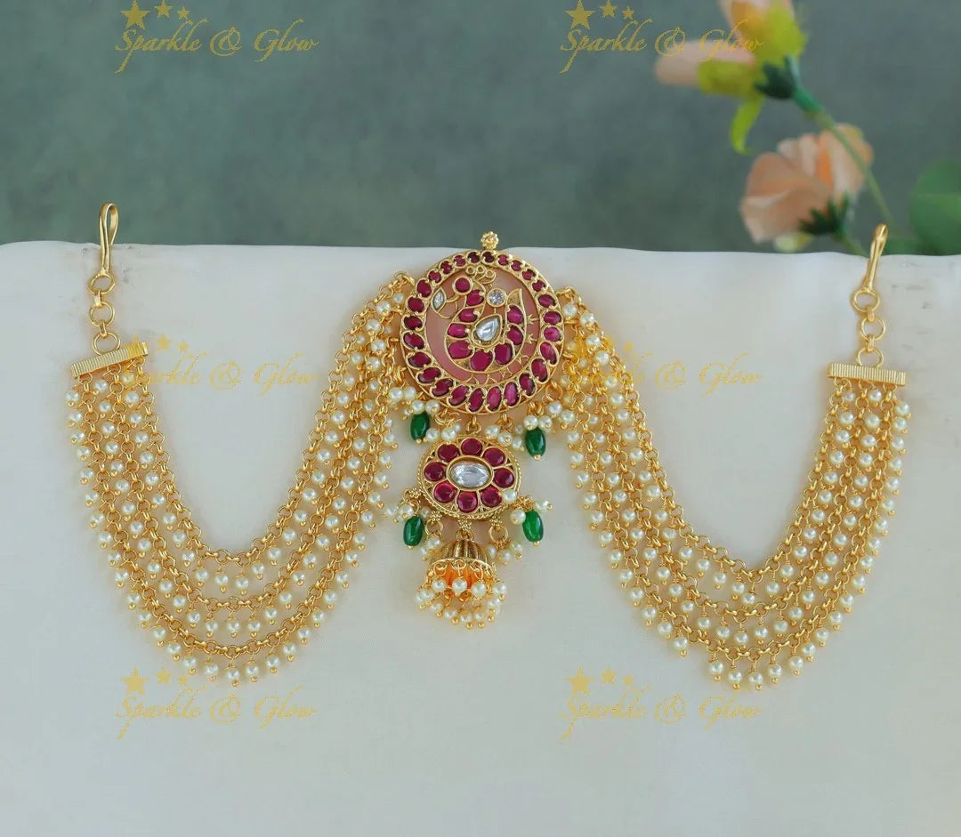 Sparkling Kemp Peacock Floral Jadabilla with pearl maatil - Sparkle and Glow