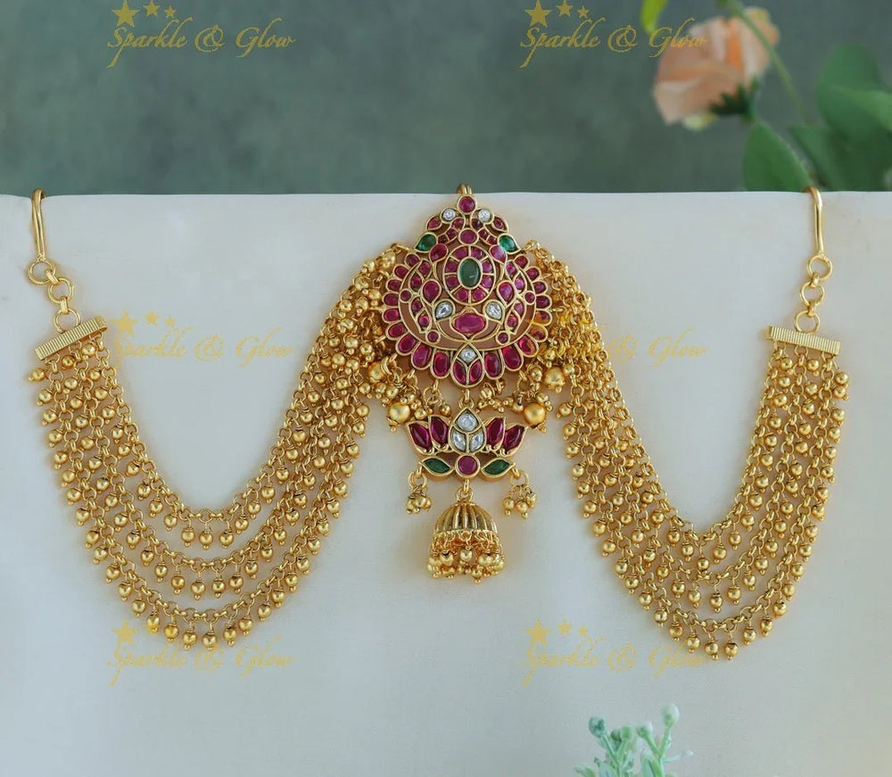 Elegant Kemp Peacock Lotus design jadabilla with gold maatil-Multi - Sparkle and Glow