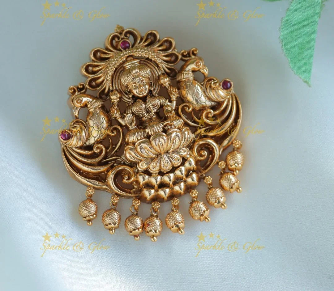 Beautiful Idol Lakshmi Peacock carved Hairpin with gold beads - Sparkle and Glow