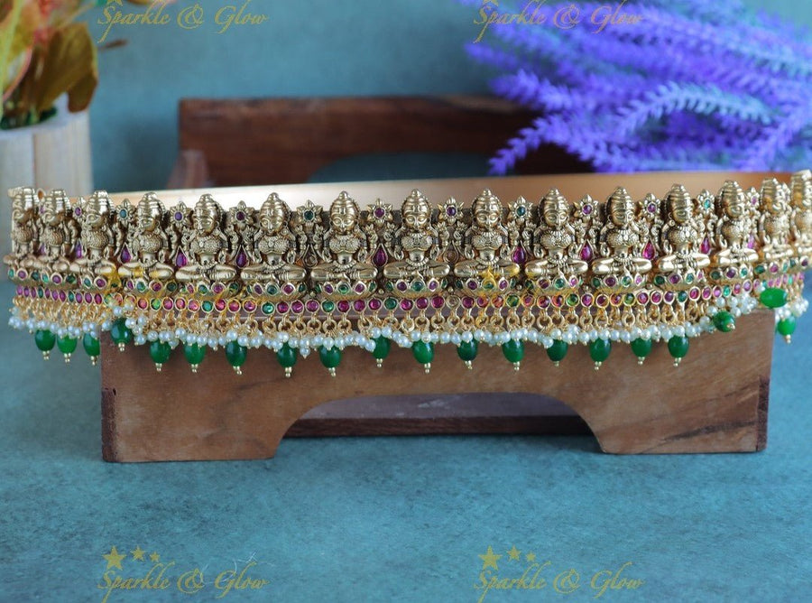 Grand Idol Mahalakshmi Devi carved Bridal Hipbelt with pearls and green beads - Sparkle and Glow - 