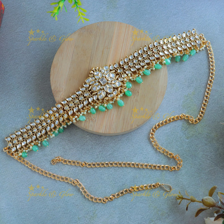 Elegant Kundan Stone Floral Hipchain with mintgreen beads-White