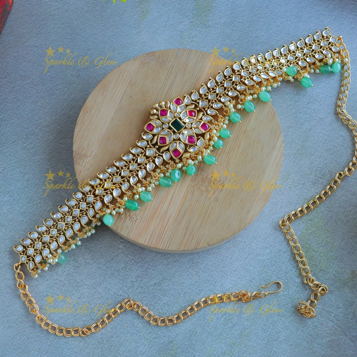Elegant Kundan Stone Floral Hipchain with mintgreen beads-White