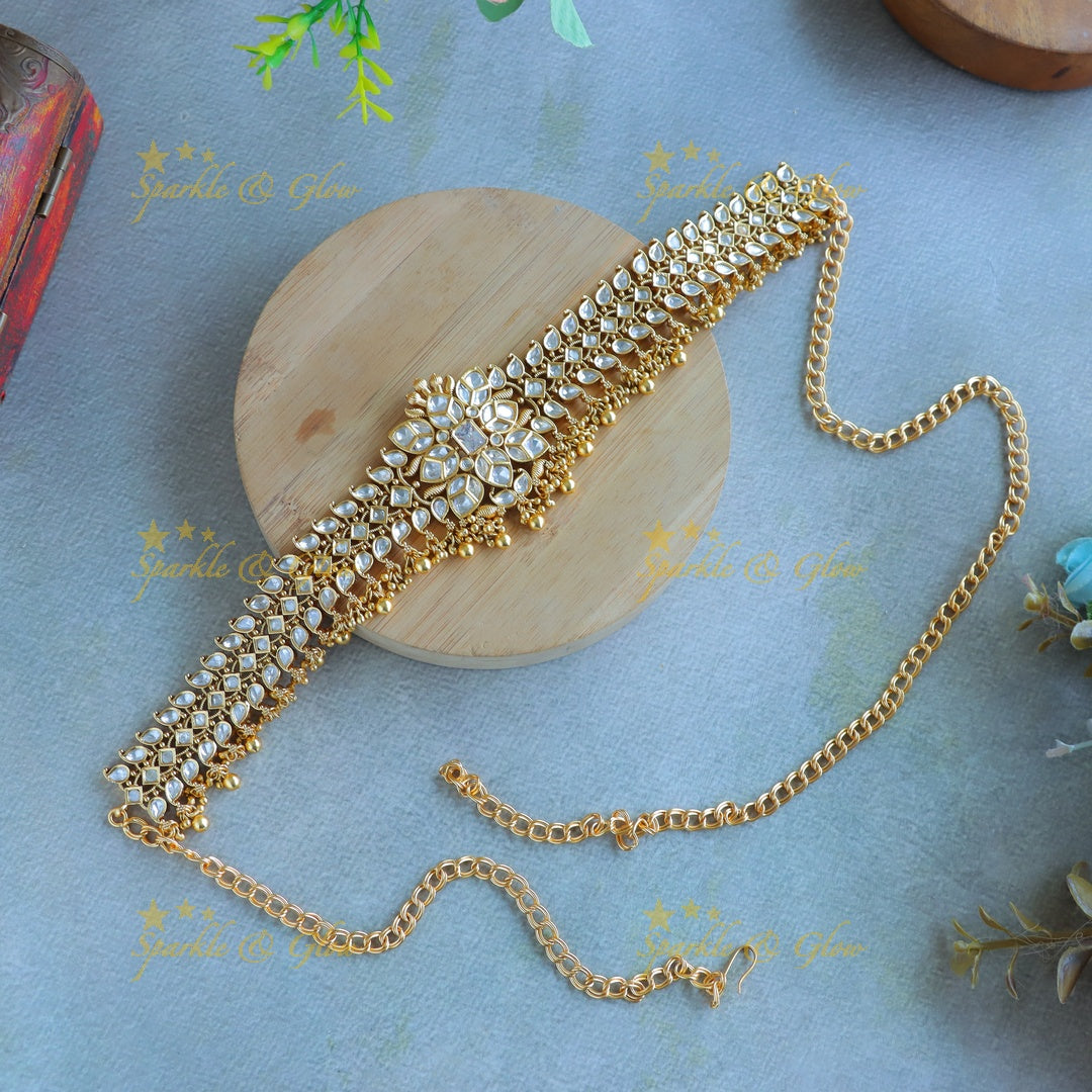 Elegant Kundan Stone Floral Hipchain with gold beads-White