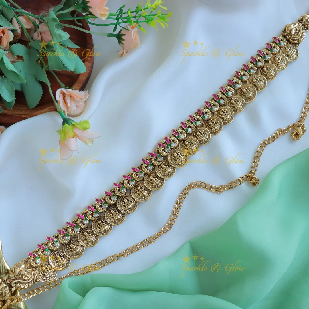 Beautiful Idol Lakshmi jadau Coin peacock Hipchain - Sparkle and Glow