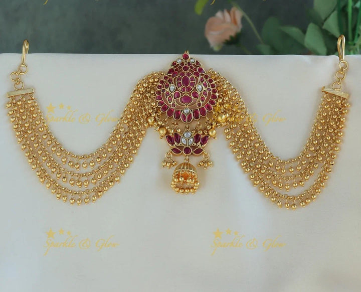 Elegant Kemp Peacock Lotus design jadabilla with gold maatil-Multi - Sparkle and Glow