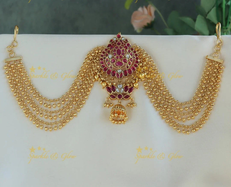 Elegant Kemp Peacock Lotus design jadabilla with gold maatil-Multi - Sparkle and Glow