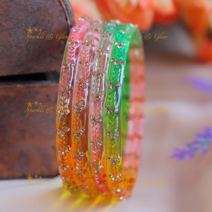 Gracious Stone dot design Glass kada bangles combo, set of 4 bangles each colour - Sparkle and Glow - 2.4 - 