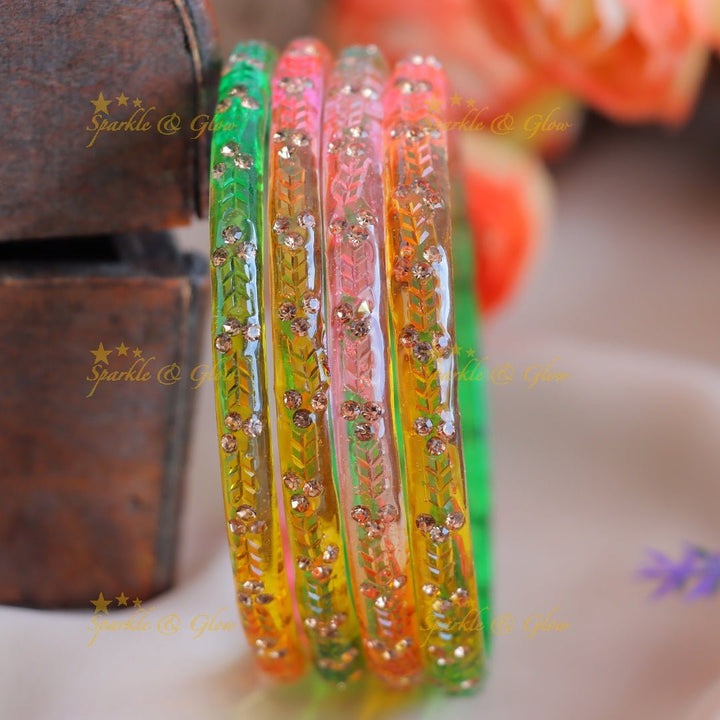 Gracious Stone dot design Glass kada bangles combo, set of 4 bangles each colour - Sparkle and Glow - 2.4 - 