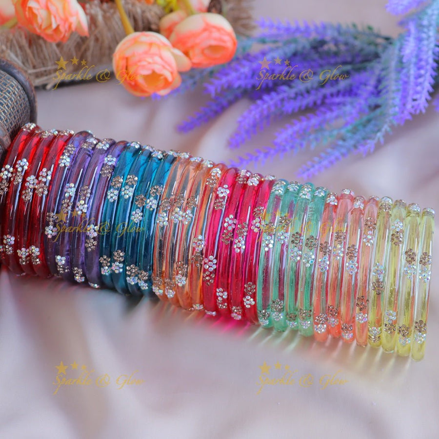 Elegant Plain Floral design Glass kada Bangles combo, Set of 4 bangles each colour - Sparkle and Glow - 2.4 - 