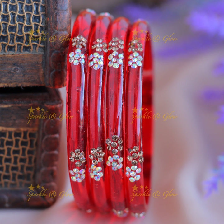 Elegant Plain Floral design Glass kada Bangles combo, Set of 4 bangles each colour - Sparkle and Glow - 2.4 - 