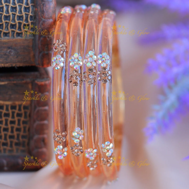 Elegant Plain Floral design Glass kada Bangles combo, Set of 4 bangles each colour - Sparkle and Glow - 2.4 - 