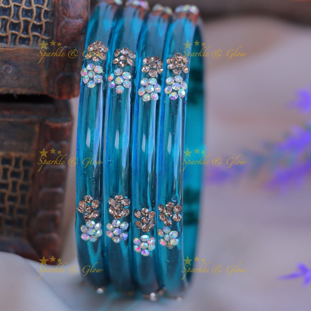 Elegant Plain Floral design Glass kada Bangles combo, Set of 4 bangles each colour - Sparkle and Glow - 2.4 - 