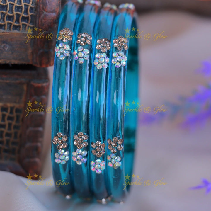Elegant Plain Floral design Glass kada Bangles combo, Set of 4 bangles each colour - Sparkle and Glow - 2.4 - 