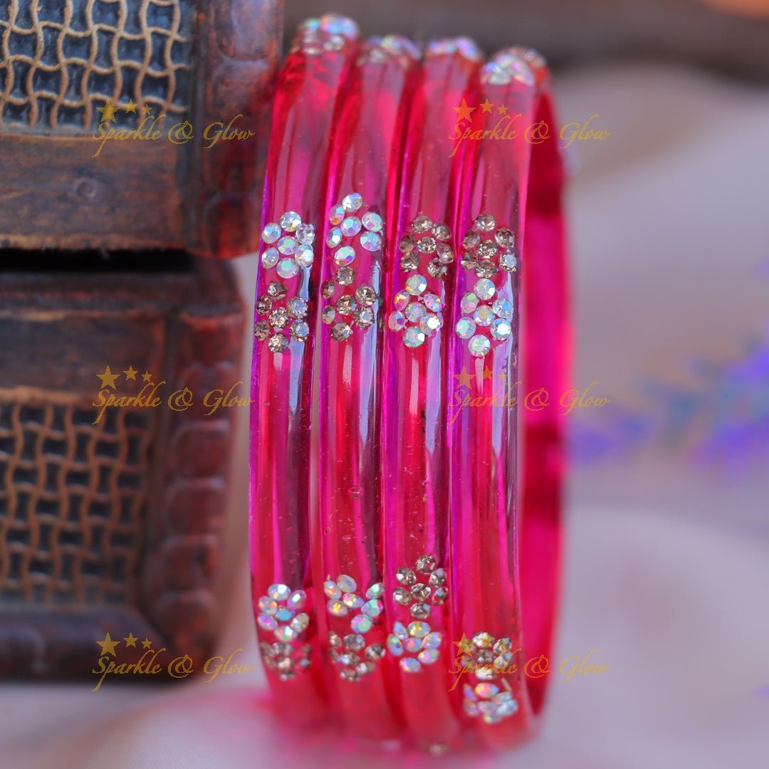 Elegant Plain Floral design Glass kada Bangles combo, Set of 4 bangles each colour - Sparkle and Glow - 2.4 - 