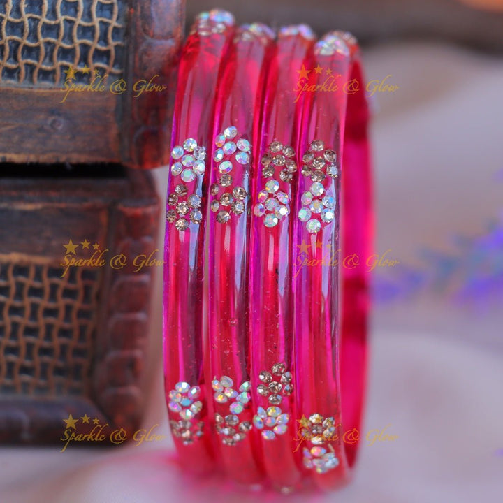 Elegant Plain Floral design Glass kada Bangles combo, Set of 4 bangles each colour - Sparkle and Glow - 2.4 - 