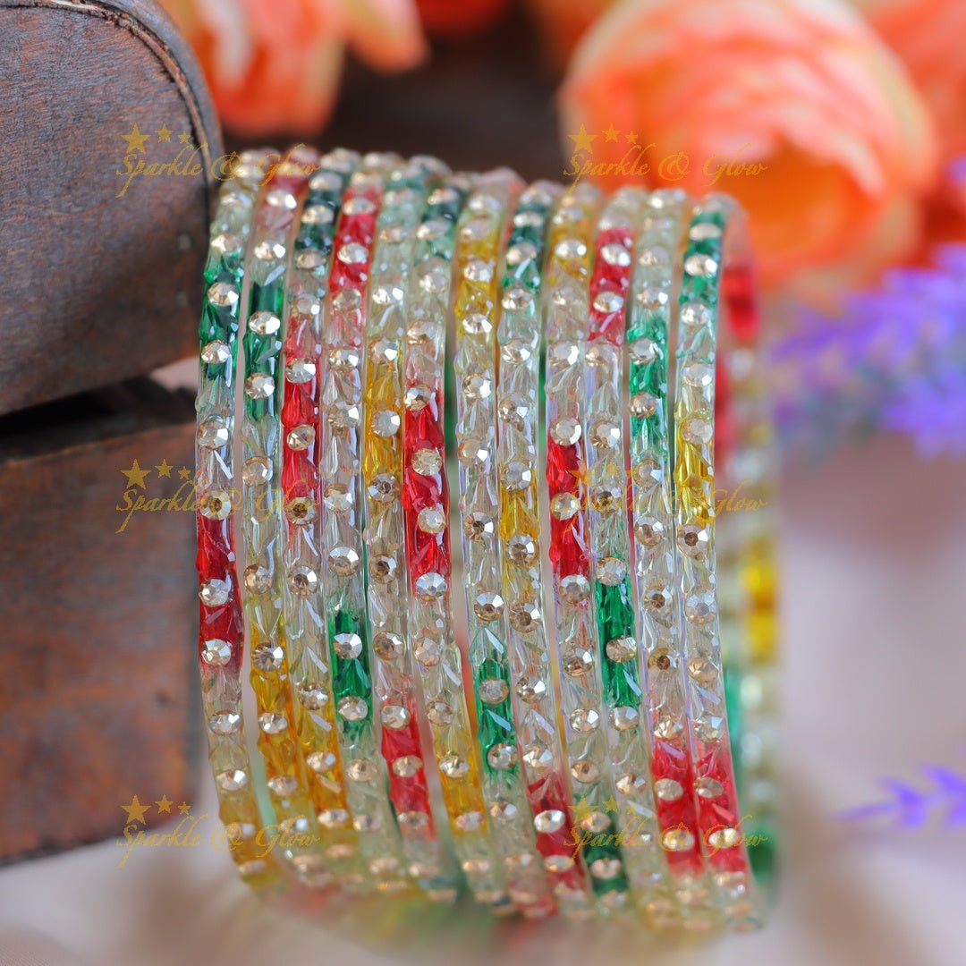 Beautiful Dot design Glass bangles combo, set of 12 bangles, (one dozen) each colour - Sparkle and Glow - 2.4 - 