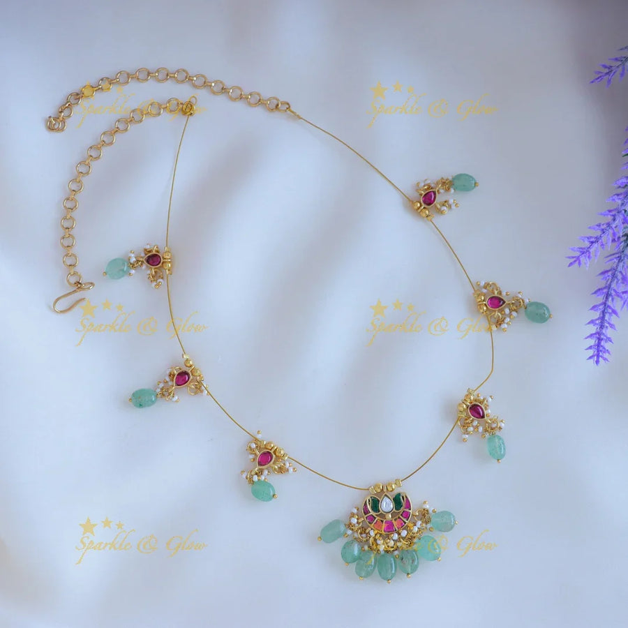 Elegant Half moon Lotus floral design Invisible short necklace with Mintgreen beads - Sparkle and Glow