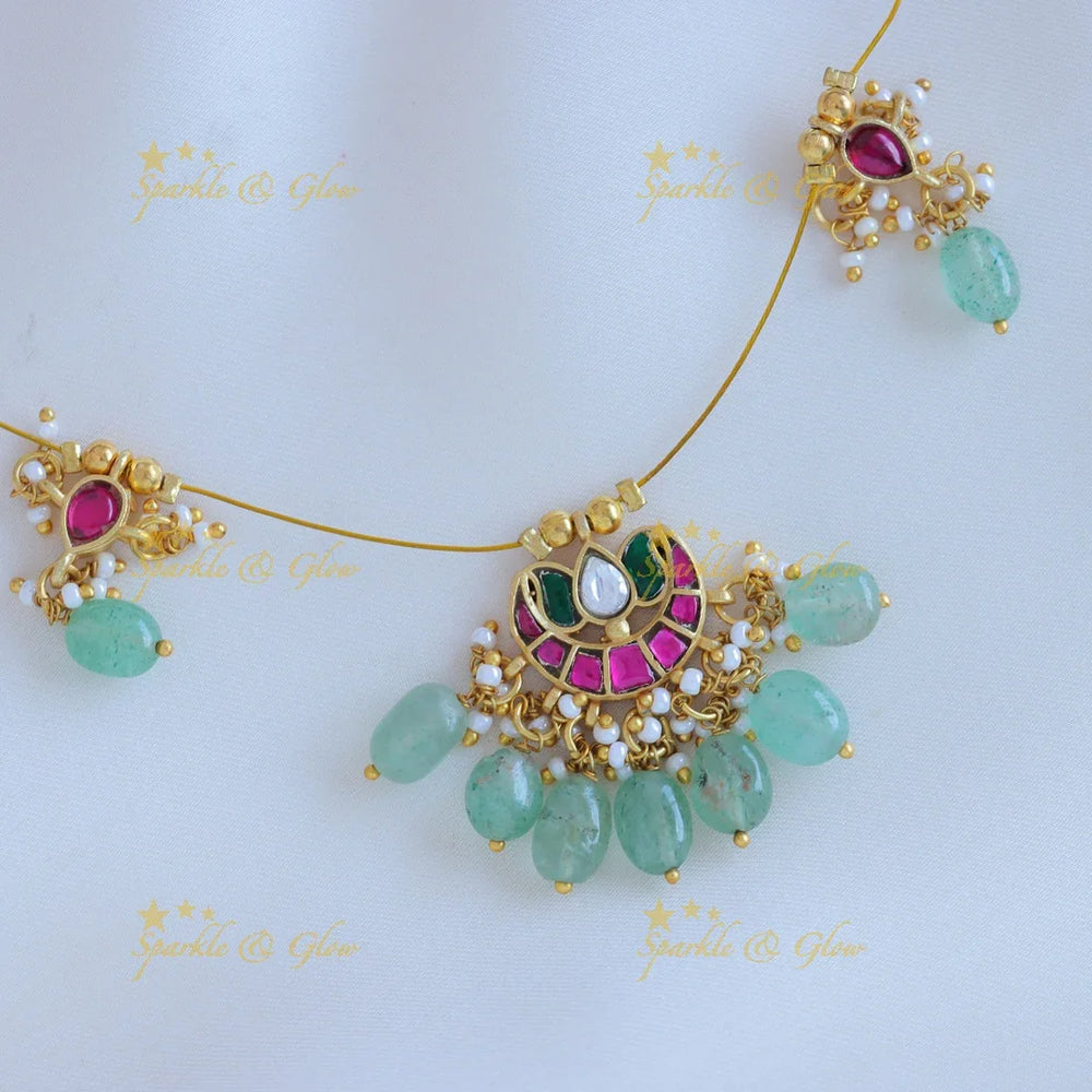 Elegant Half moon Lotus floral design Invisible short necklace with Mintgreen beads - Sparkle and Glow