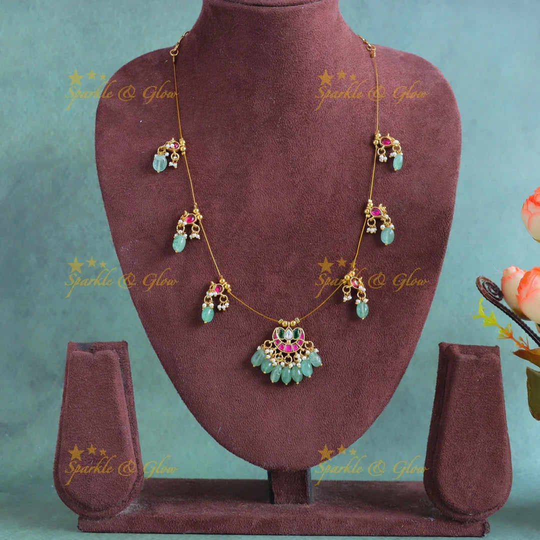 Elegant Half moon Lotus floral design Invisible short necklace with Mintgreen beads - Sparkle and Glow