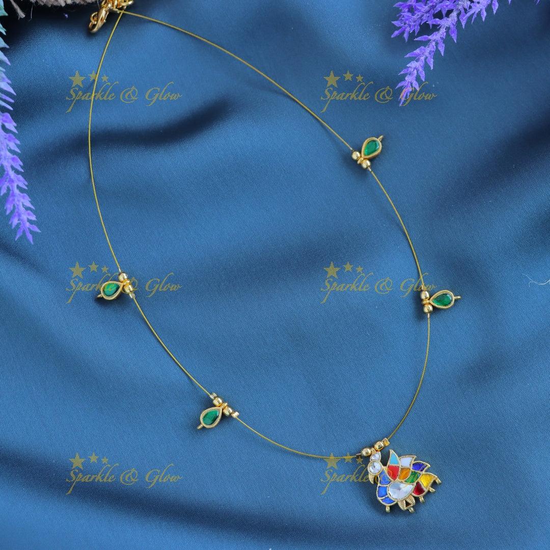 Elegant Right side faced Bird design Invisible short necklace with Navarathna stones - Sparkle and Glow