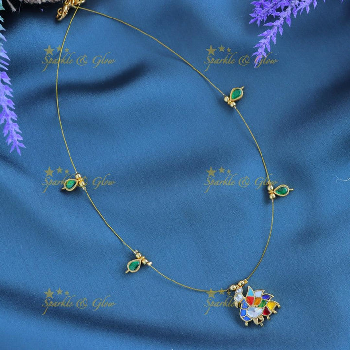 Elegant Right side faced Bird design Invisible short necklace with Navarathna stones - Sparkle and Glow