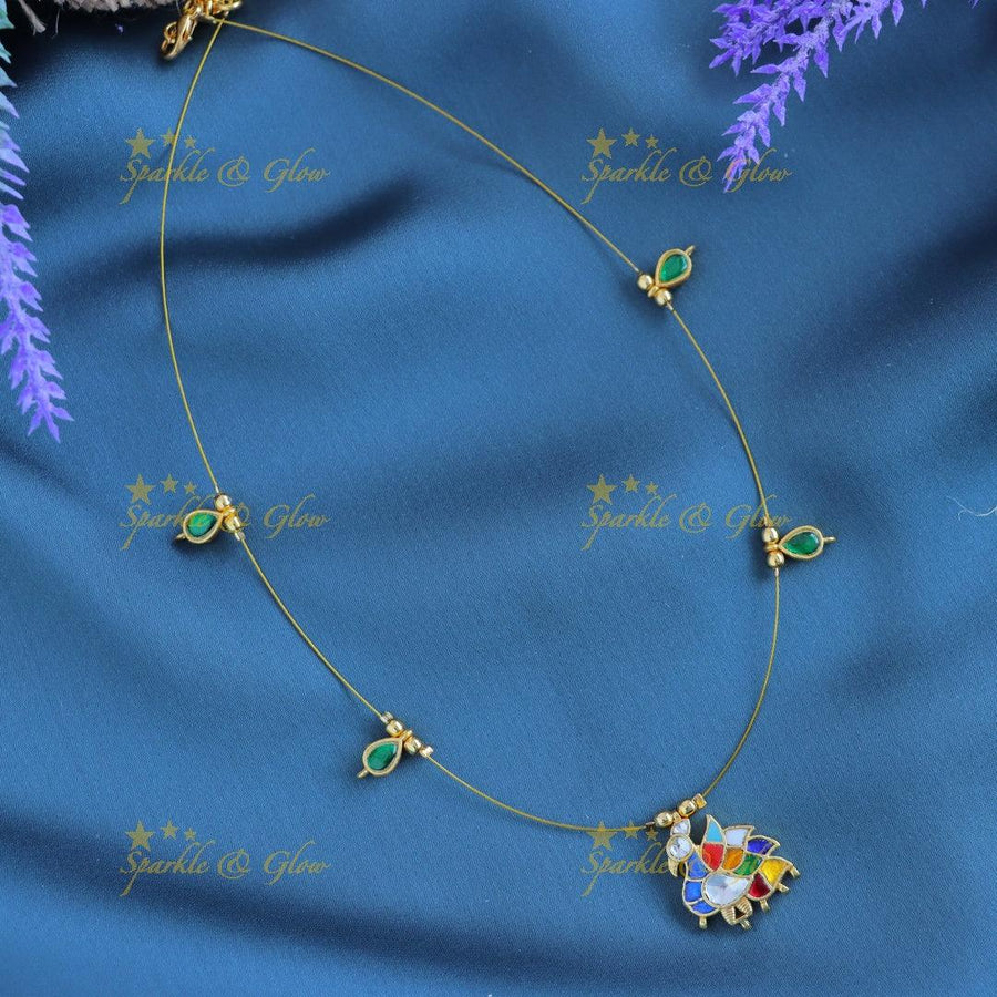 Elegant Right side faced Bird design Invisible short necklace with Navarathna stones - Sparkle and Glow