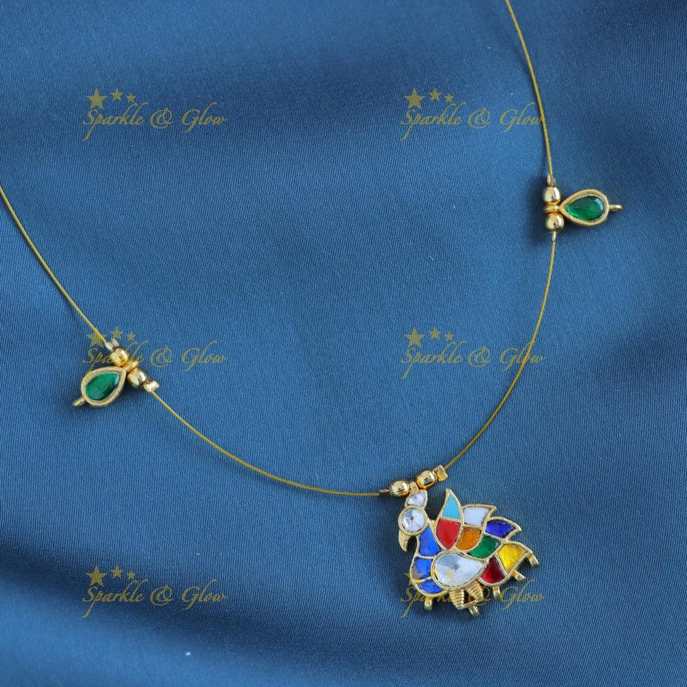 Elegant Right side faced Bird design Invisible short necklace with Navarathna stones - Sparkle and Glow