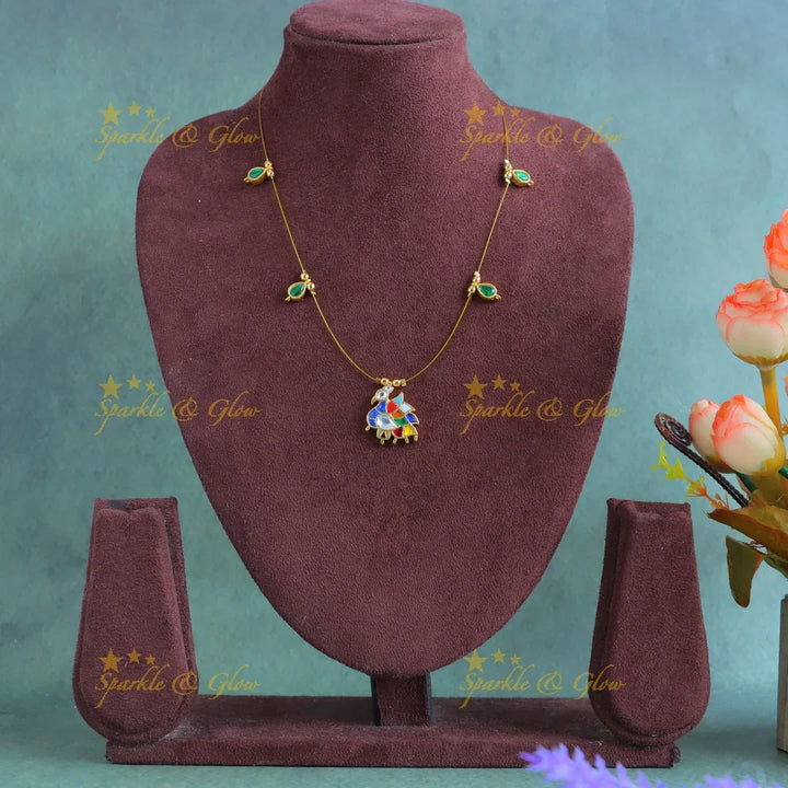 Elegant Right side faced Bird design Invisible short necklace with Navarathna stones - Sparkle and Glow